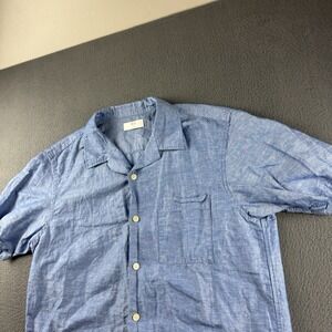 Uniqlo Shirt Men's M Blue Camp Collar Linen Blend Pocket Summer Short Sleeve